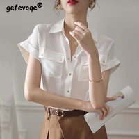 lapel shirts women solid elegant office lady chic summer single breasted all match trendy young new style leisure blouse korean