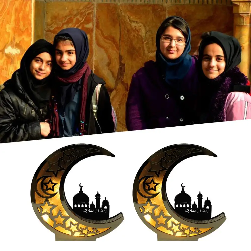 

Wooden Eid Mubarak Mirror Golden Moon Castle Hollow Letters With LED Lights Dining Table Decoration