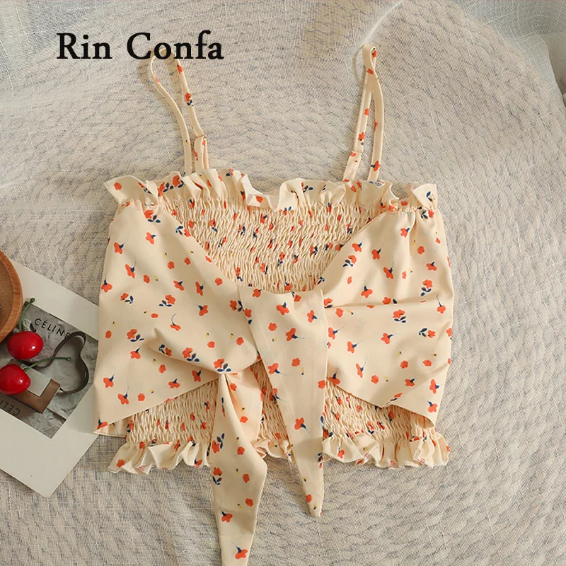 

Rin Confa Sling Sexy Fashion Fold Top Women Short Thin Sense Of Design Top Summer Dense Flower Pattern Tie Tube Top
