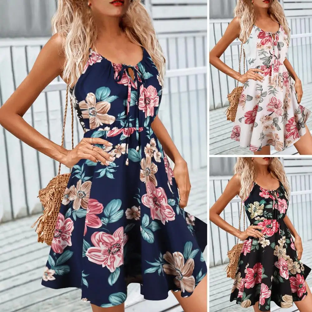 

Women Dress Floral Printed Suspender Lace-up Summer Large Hem Mini Dress for Daily Wear