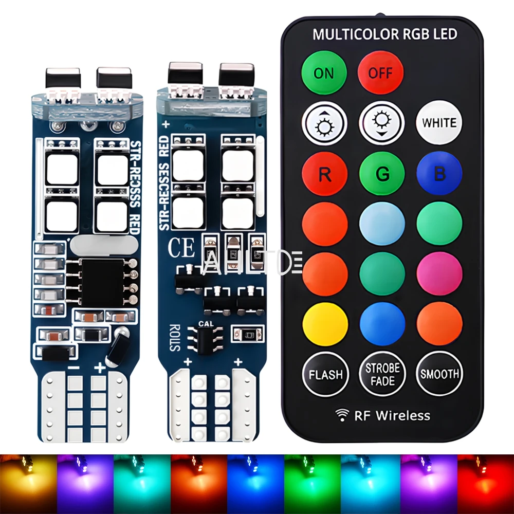 

2 шт. T10 W5W 194 RGB светодиодные лампы 12 В для парковки автомобиля, дневной свет, боковой габаритный фонарь 10smd, дистанционное управление, стоп-сигналы поворота, габаритные огни