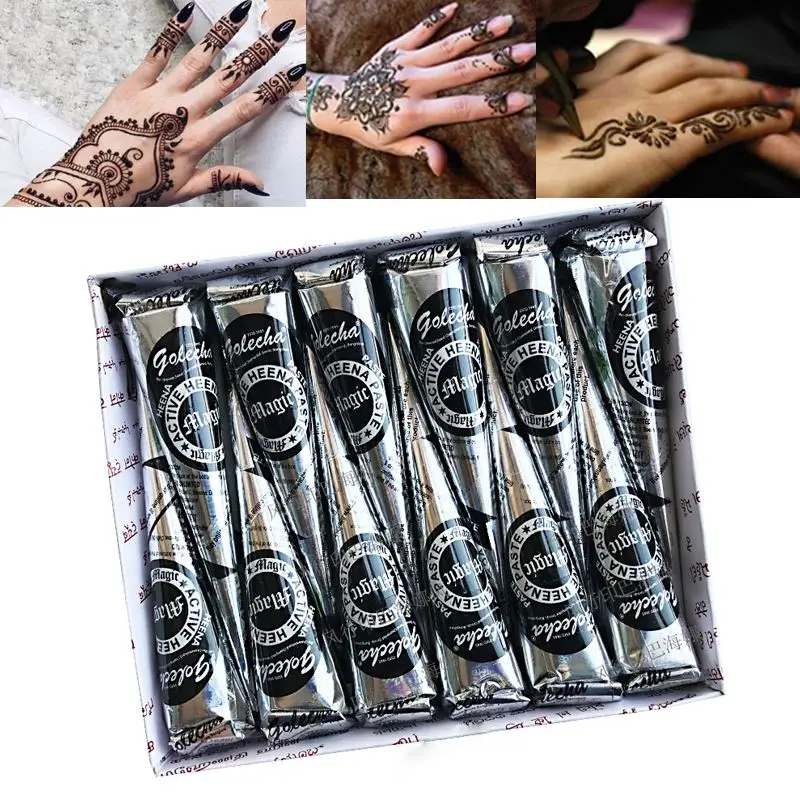 Golecha 12pcs 25g Natural Black Mehndi Henna Cones Indian Henna Tattoo Paste For Temporary Tattoos Sticker Mehndi Body Paint