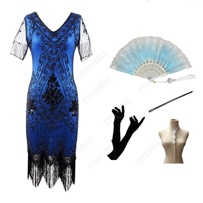 

1920 винтажное платье из бисера с блестками спереди и сзади с глубоким V-образным вырезом модное платье с бахромой платье Великий Гэтсби для косплея с 4 шт. в комплекте Acc