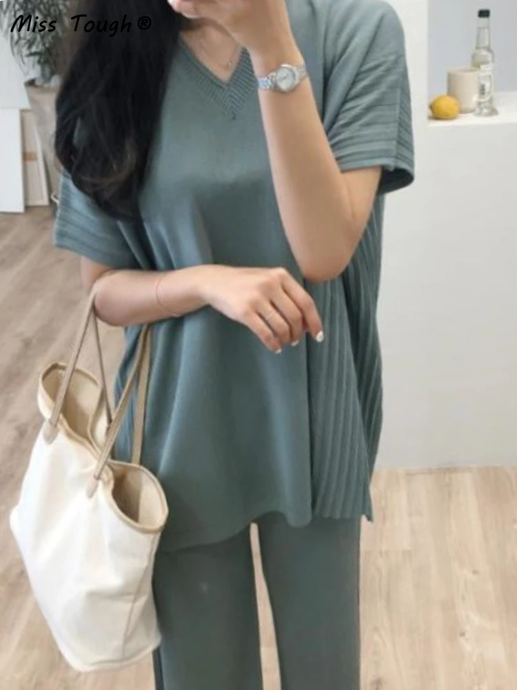

Summer Casual solid Two Piece Set Women Batwing Sleeve Holiday Elegant Pant Suit Korean Fashion Long Top + Wide Leg Pant 2022