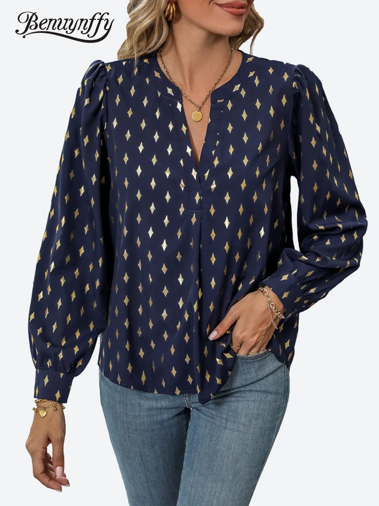 

Benuynffy, блузки с отложным воротником и золотым принтом для женщин, модные топы 2023, весна-осень, повседневные женские свободные рубашки с длинным рукавом, топы