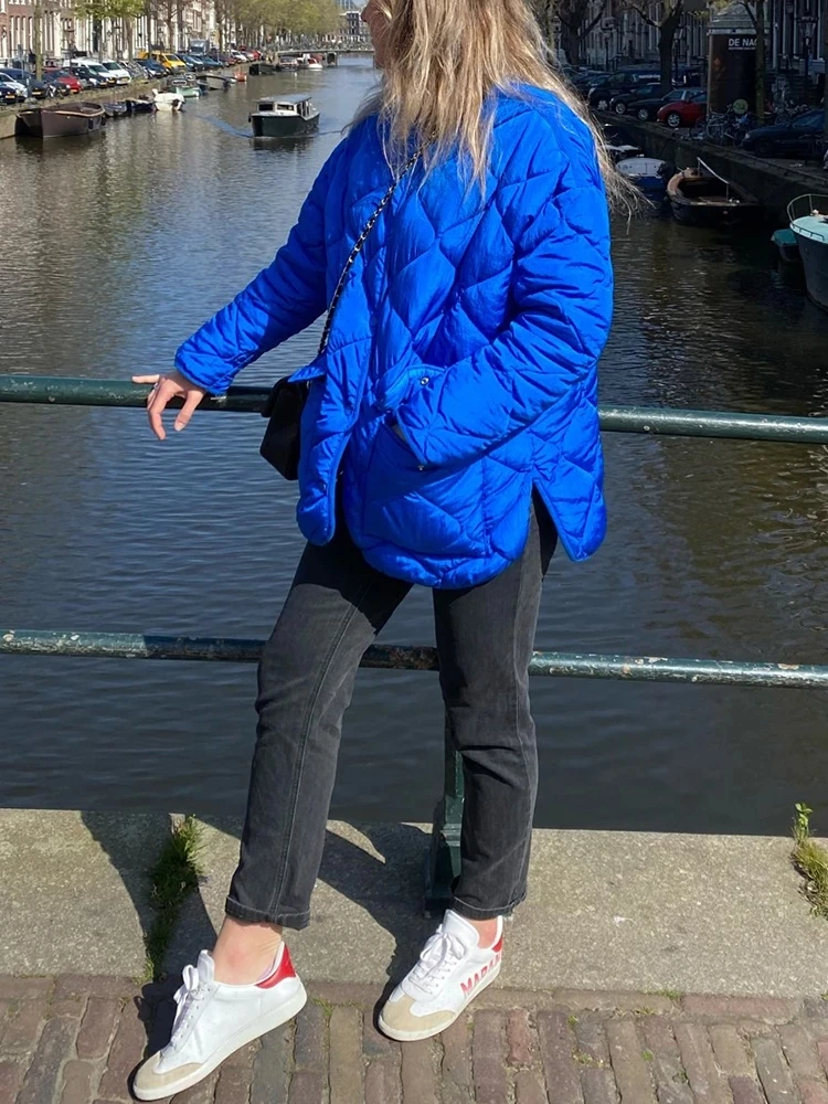Autumn Winter Women Blue Quilted Jacket Fashion Double-Sided Cotton Padded Loose Coat Vintage Long Sleeve Ladies Oversize Coat