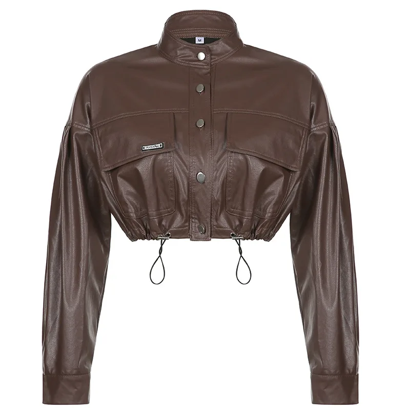Trendy Single-breasted Leather Jacket with Lapel Faux Leather Jacket Biker Winter Coat Patent Leather Cropped Brown Tops Jacket