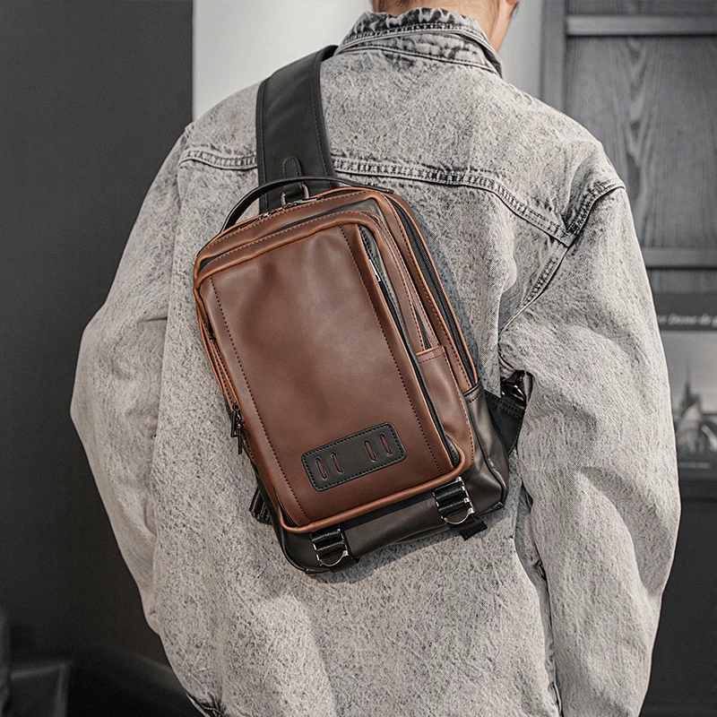 Crossbody Leather Man Bag Medium Size Vintage Male Back Pack Stylish Brown Single Strap Sling Bags Backpack Shoulder Bag
