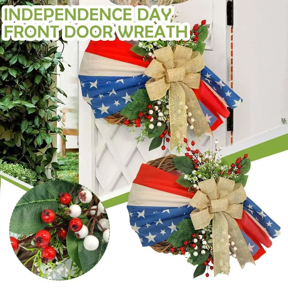 

40cm Front Door Wreath Plastic Material Independence Day Garland For Home Wall Party Decoration C2V4