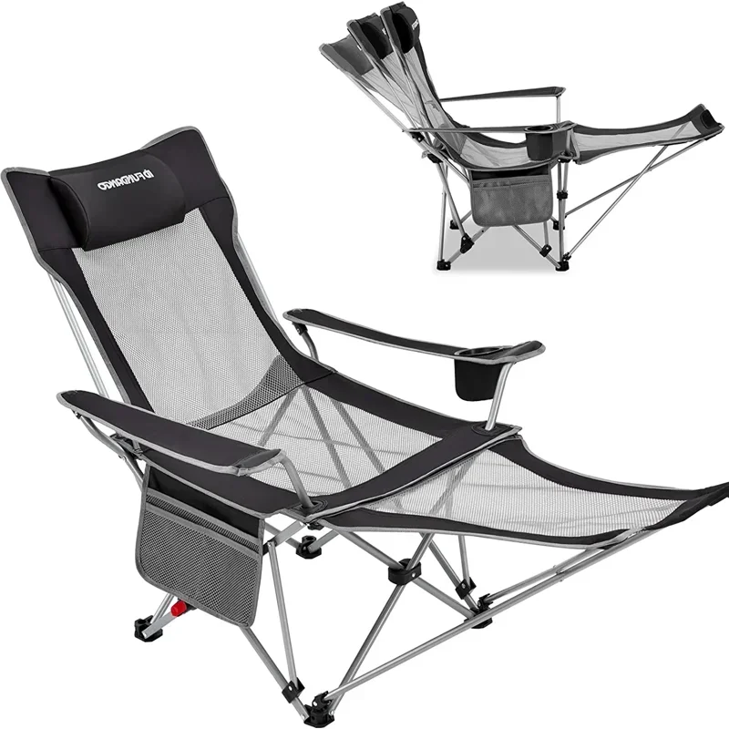 

# Camping Lounge Chair with Footrest, Portable Mesh Folding Chairs, Adjustable Reclining Lawn Chair with Headrest Cup Holder Sto