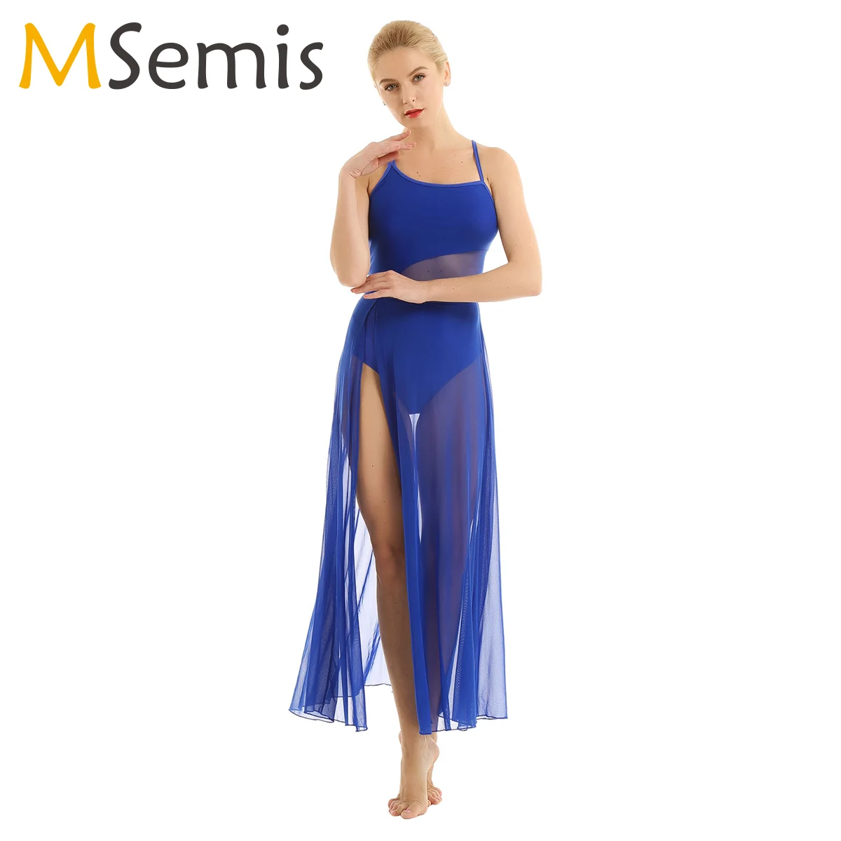 

Women Sleeveless Ballet Dance Leotard Dress Asymmetrical Mesh Ballerina Lyrical Modern Stage Dance Costumes Maxi Dance Dress