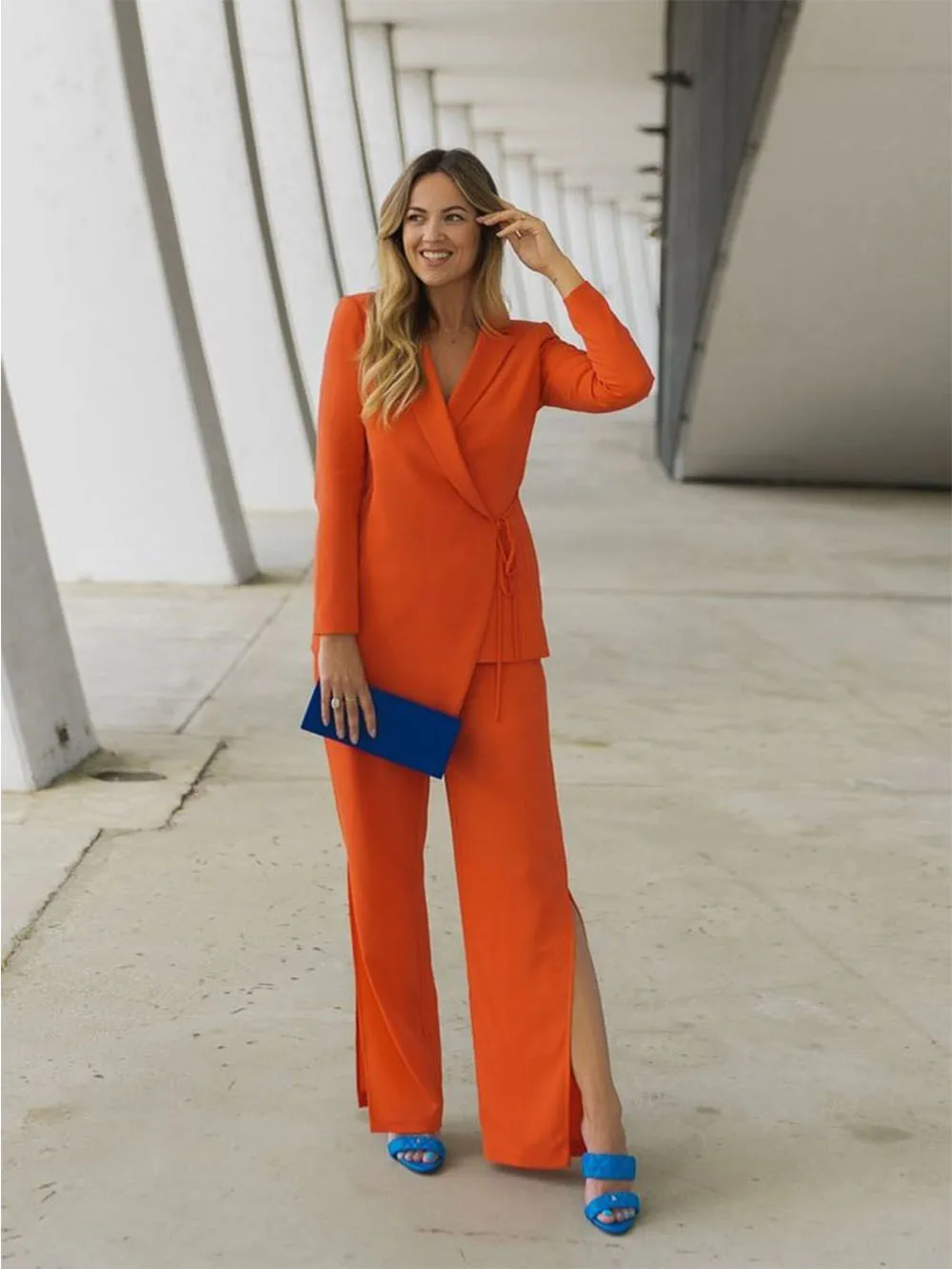 2023 Bright Orange Women Suits Peak Lapel Elegant Fashion Lace-Up Blazer 2 Pieces (Jacket+Pants) For Office Outfits New Design