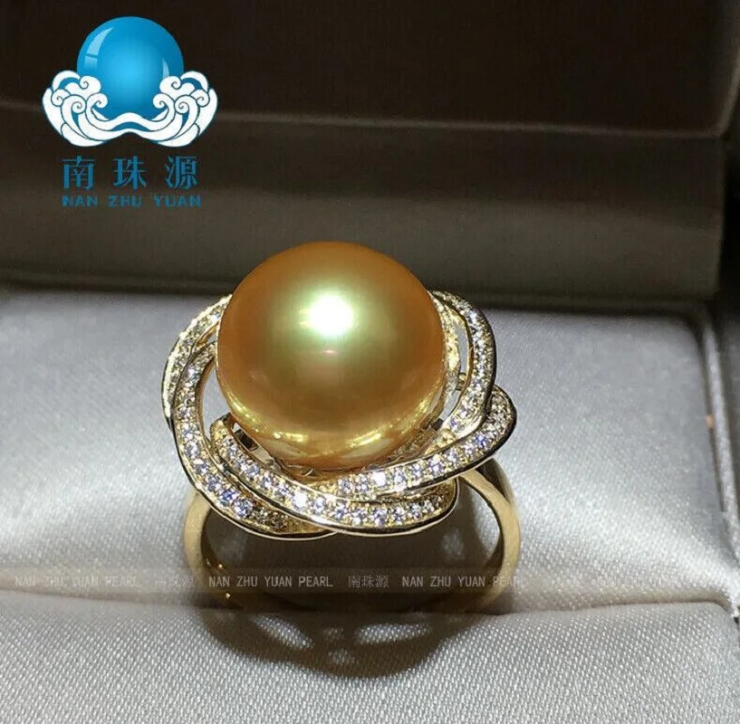 

Large quantity of AAAAA 12-11mm genuine natural South China Sea gold circular pearl ring with adjustable size-