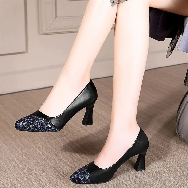 

Female Fashion Sweet Light Weight Comfort Spring & Summer High Heel Shoes Women Casual Black Real Leather Brand Heel Pumps E346