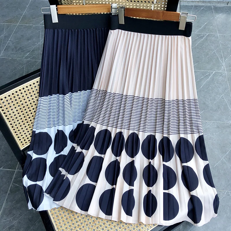 

Women Summer Pleated Skirt Palka Dots Print Contrast Color Midi Skirt High Waist Elegant Style Office Lady A Line Fashion Skirt