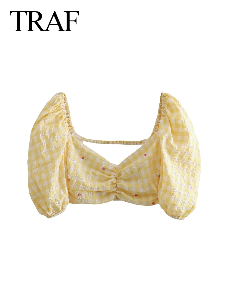 

TRAF Puff Sleeves Elastic Neck Loose Casual Backless Women's Clothing Goose Yellow Cute Plaid Print Ultra Short Ladies Top