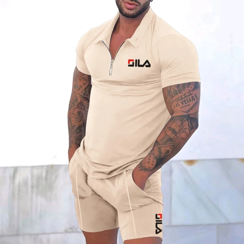 

New Mens Tracksuit Suit Summer Short Sleeve Thin Polo Shirt+Sport Shorts 2 Piece Men Solid Set Casual Jogging Sportswear