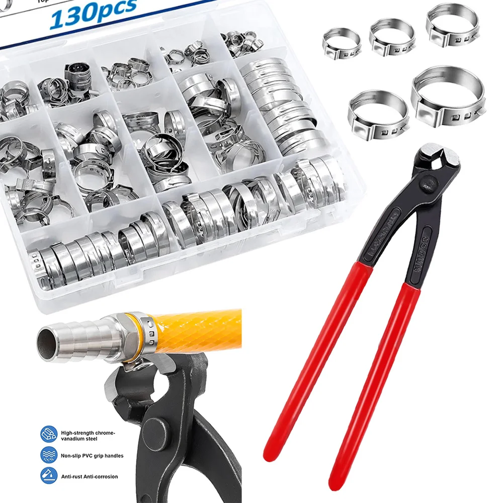 130 шт. хомуты для шлангов с одним ухом из нержавеющей стали 304, 6-36,1 мм, бесступенчатые зажимные кольца PEX Cinch, набор обжимных колец с плоскогубцами, инструментом