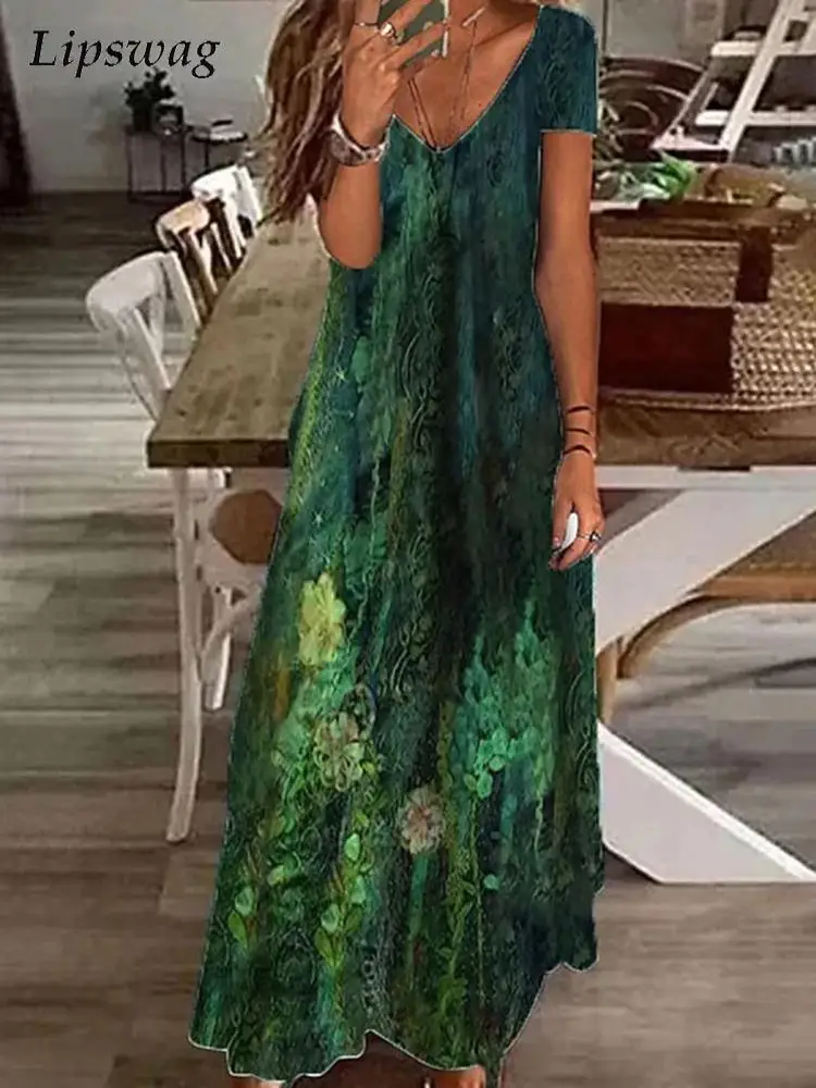 

Женское офисное платье с коротким рукавом, длинное повседневное свободное платье с винтажным принтом и V-образным вырезом, лето 2022