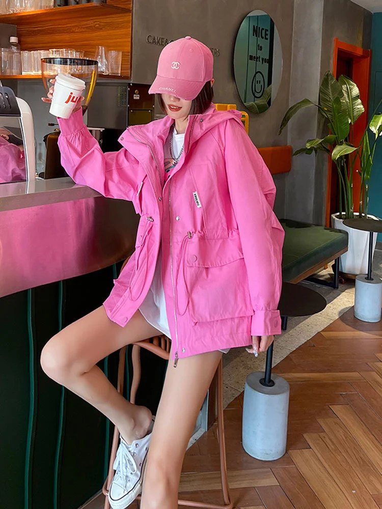 

Casual Candy colors 2023 Windbreaker Women's Loose Trench Coat Jacket Spring Autumn Korean all-match mid-length top jacket tre