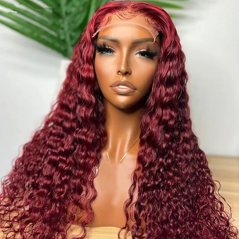 

Soft 26Inch Burgundy Long Kinky Cruly Lace Front Wig for Black Women 180Density BabyHair Glueless Preplucked Synthetic Daily