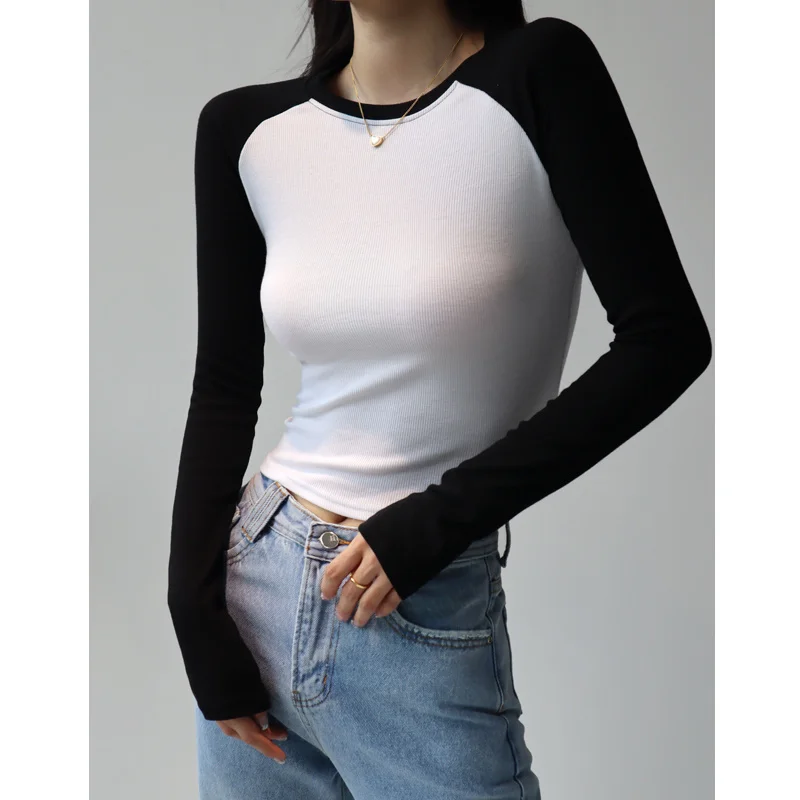 

Round WOMEGAGA Korean-style Neck Slim Long-sleeved T-shirt Women's Simple Casual Style Color Matching High Waist Short Top 245R