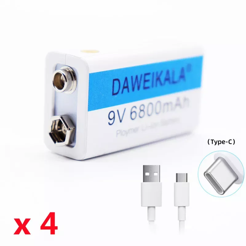 

(4-Pack) 9V USB Rechargeable Lithium-ion 6800mAh Batteries for Micro Phone,Smoke Alarms,Electronic Toys, Walkie-Talkie and More