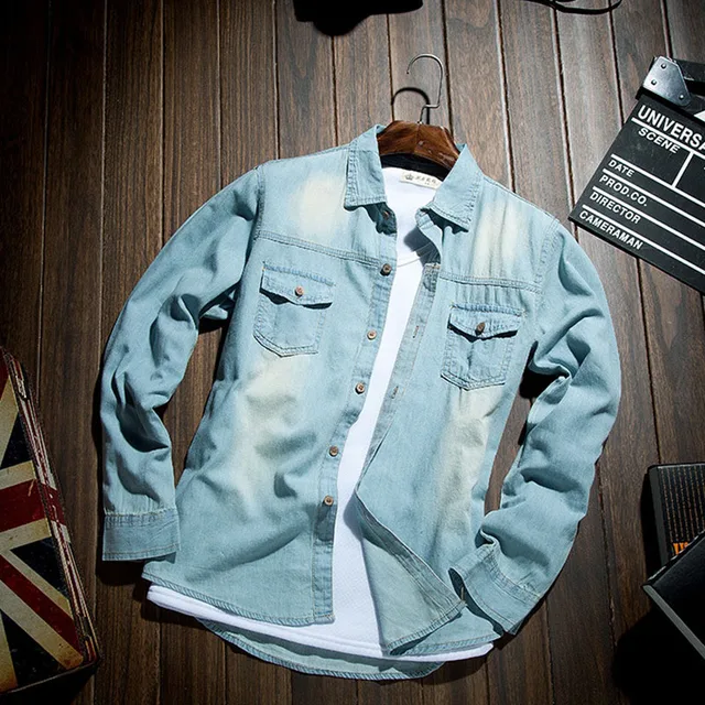 Fashion Classic Retro Jeans Shirt with Pocket Slim Fit Tops Men Clothing for Spring Men's Long Sleeve Denim Shirt Blue MY850 2