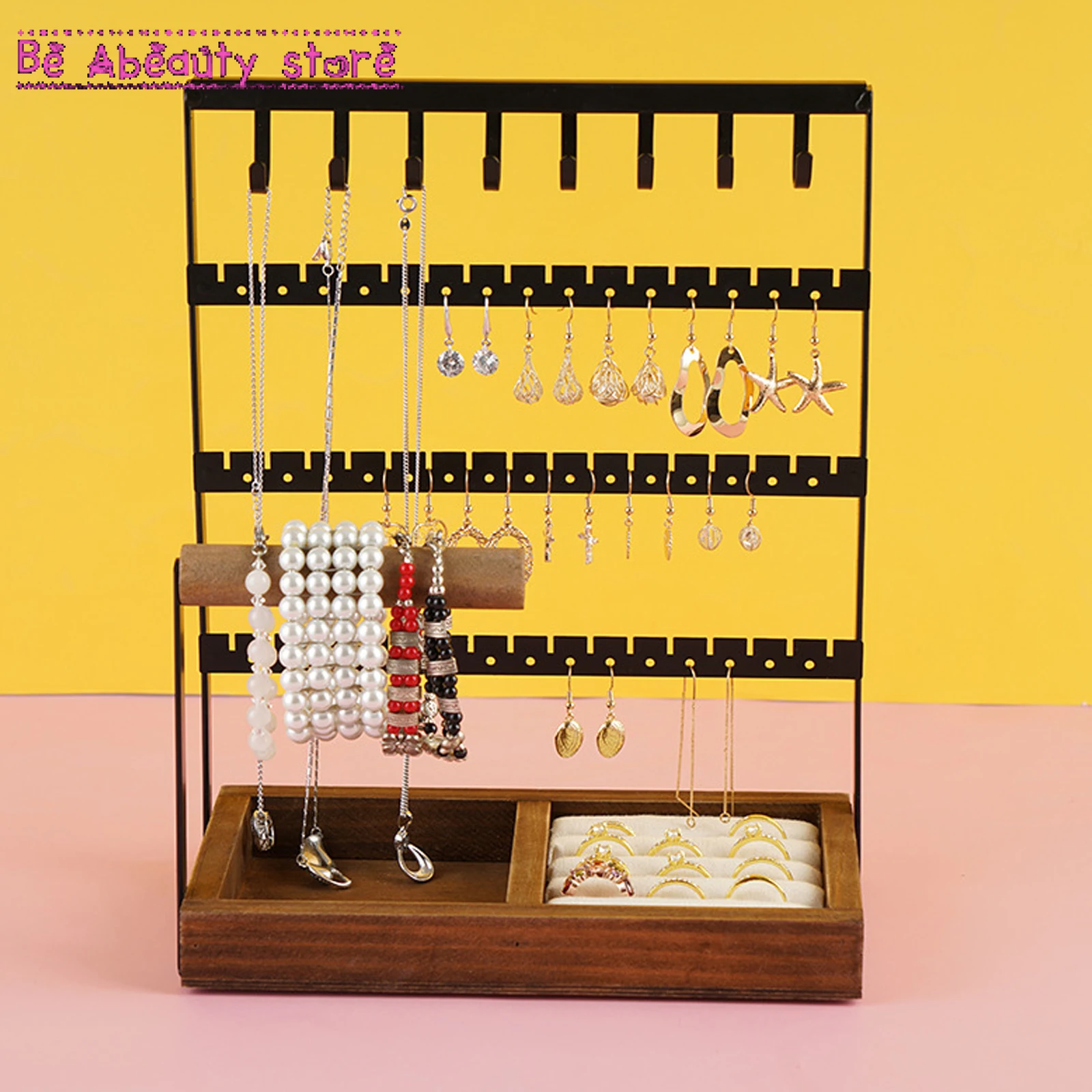 

Jewelry Rack Stand Earring Storage Box Classy Design Iron+Wood Stable & Sturdy Cute Practical Iron Wood Black Exquisite Gifts
