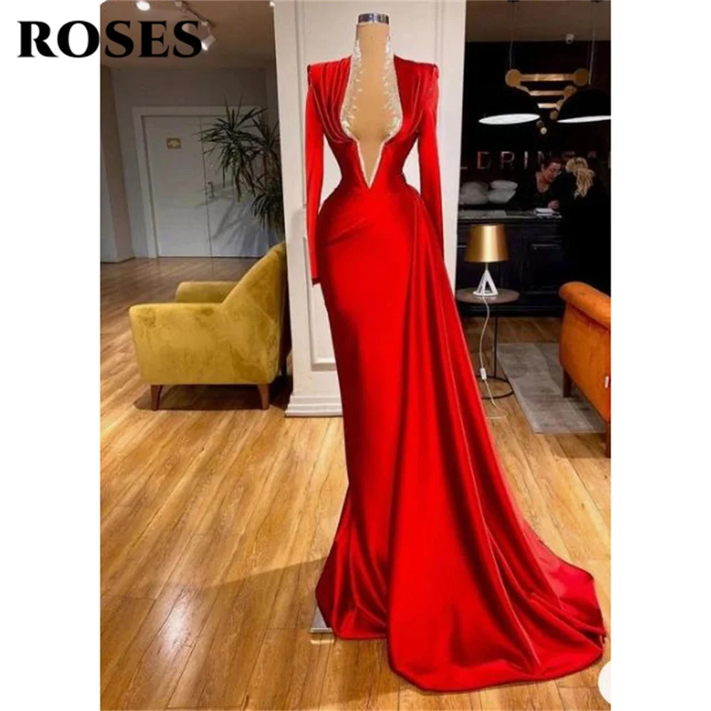 

Deep V Neck Prom Dress Mermaid Sexy Celebrity Dresses Long Sleeves Women's Evening Dress With Beading Sequin Formal Gown 프롬 드레스