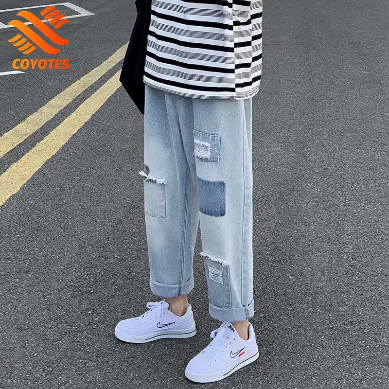 

Рваные джинсы «Койоты» мужские модные брюки в девять точек корейские свободные прямые джинсовые брюки летние джинсы с широкими штанинами мужская одежда