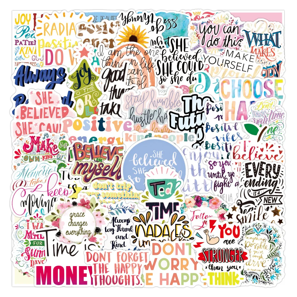 

50pcs Inspirational English Phrases Graffiti Stickers Waterproof Suitcase Laptop Scooter Refrigerator Water Cup Stickers