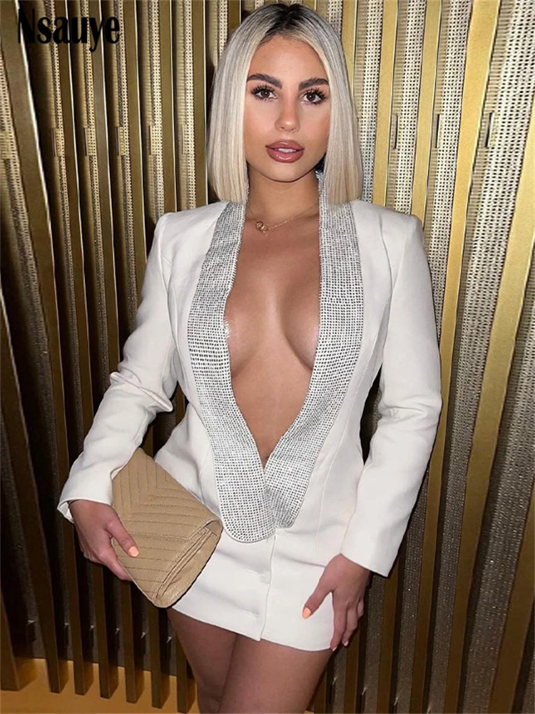 

Nsauye Women Elegant Office Ladies White Long Sleeve V Neck Backless Blazer Dresses 2023 Autumn Party Sexy Mini Dresses Vestido