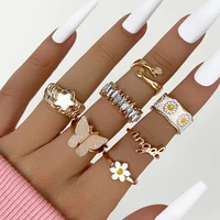 fashion new butterfly rhinestones star daisy flower cute charm classic knuckle 7 pcs set rings grace jewelry for women 2022