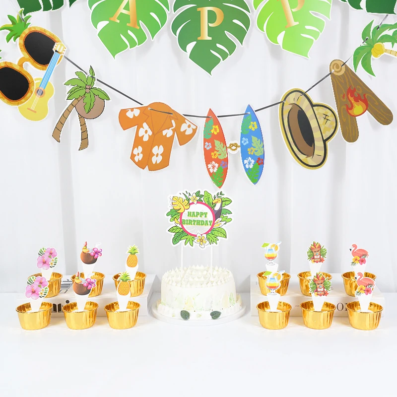 

Hawaii Birthday Party Decor Luau Flamingo Pineapple Turtle Leaf Banner Happy Summer Tropical Aloha Hawaiian Beach Party