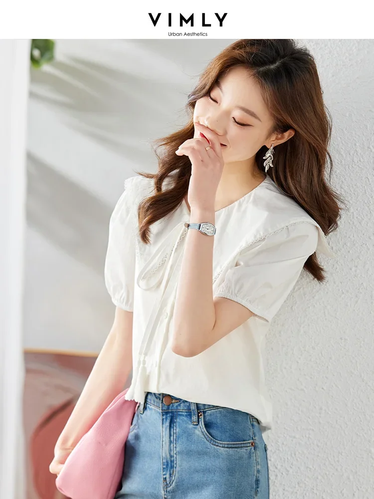 

Vimly Sweet Big Peter Pan Collar White Shirt for Women 2023 Summer Short Puff Sleeve Lace-up Straight Loose Shirts & Blouses