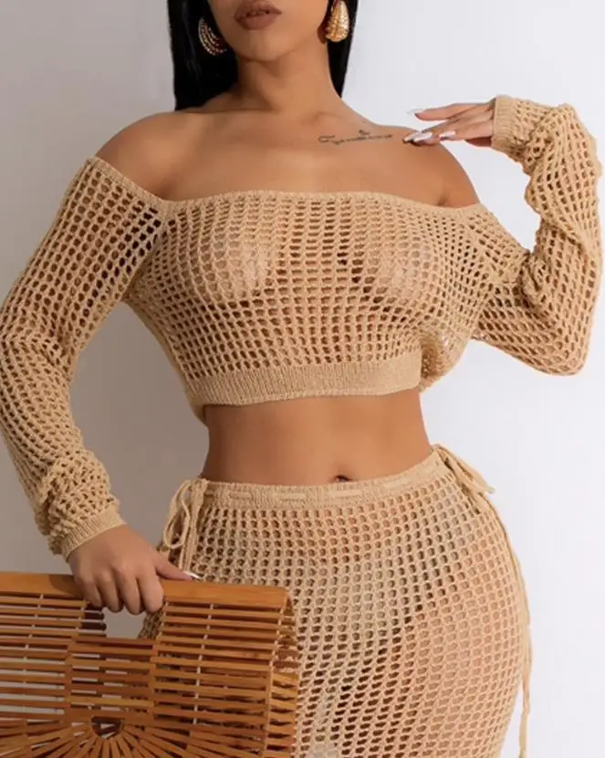 

Women Skirt Set for Summer Ladies European & American Fashion Hollow Out Off Shoulder Crochet Top & Drawstring Design Cover Ups