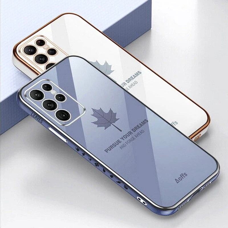 

Luxury Maple Leaf Plating Silicone Case For Samsung Galaxy S23 S22 Ultra S21 FE S20 Plus A34 A33 A72 A73 A52 A53 5G Soft Cover