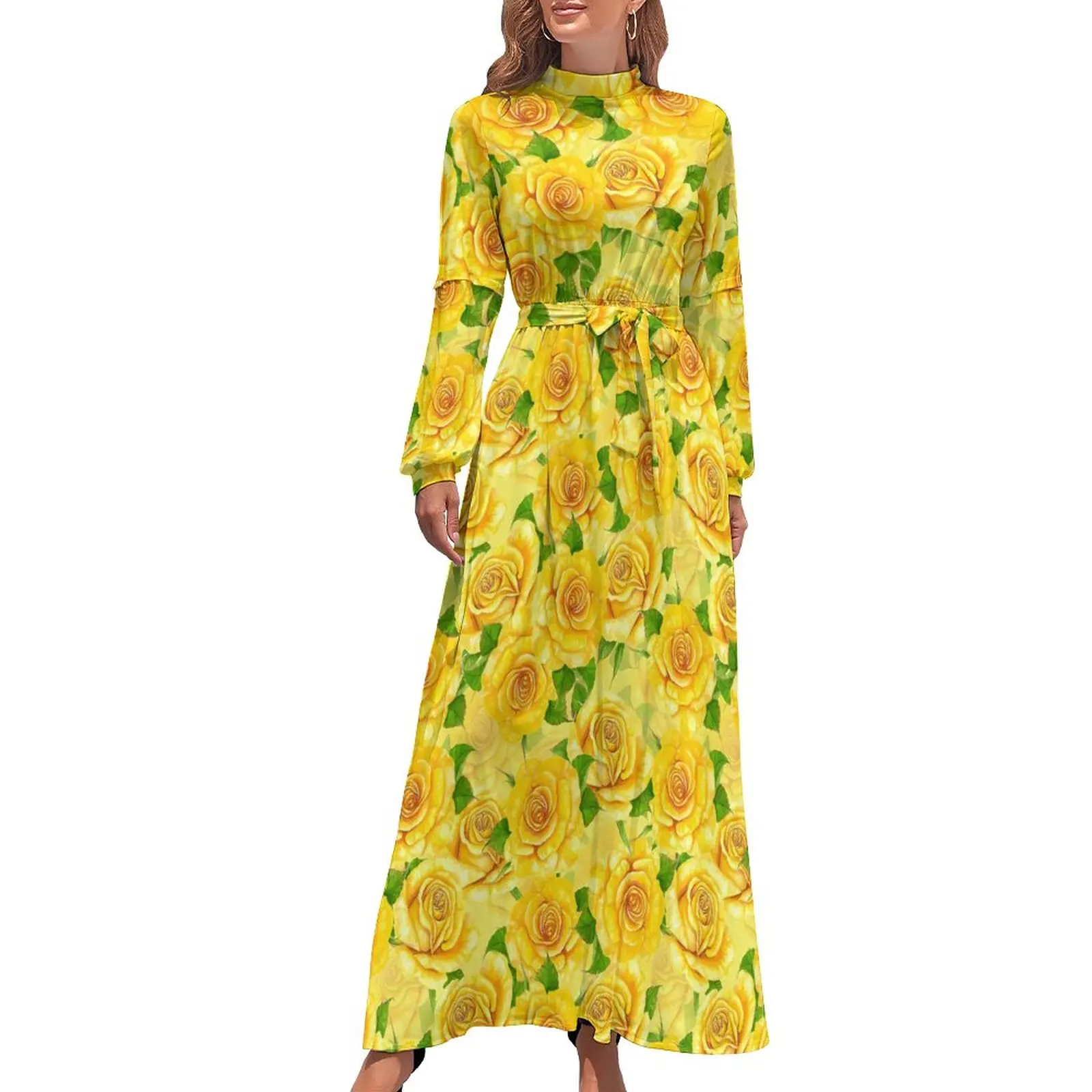 

Yellow Rose Dress Watercolor Flowers Stylish Beach Dresses Women Long Sleeve High Waist Kawaii Long Maxi Dress