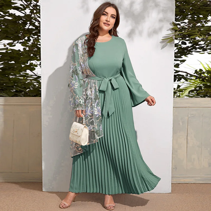

Plus Size 4XL for Women Dress simple Long sleeve O-Neck Flower net Clothing 2023 Pleated skirt Cocktail Evening Party Dresses