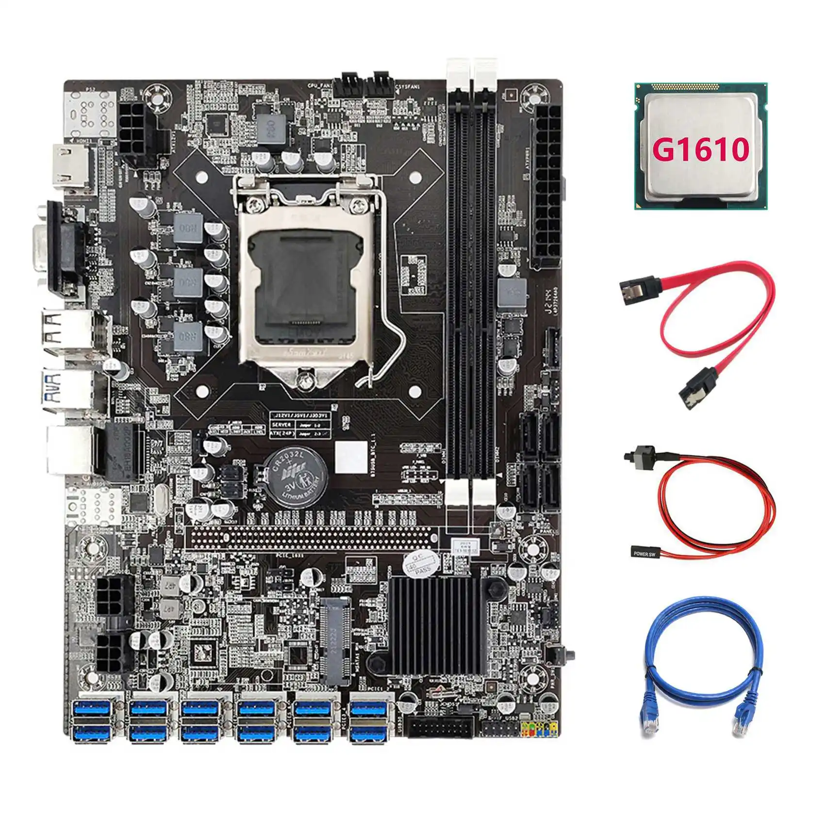 B75 ETH Miner Motherboard 12 PCIE to USB3.0+G1610 CPU+RJ45 Network Cable+SATA Cable+Switch Cable LGA1155 Motherboard