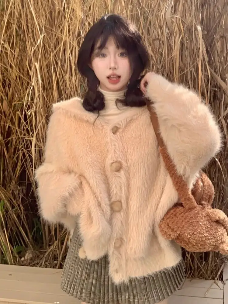 Дизайнерский вязаный кардиган с капюшоном и заячьими ушками новый свободный