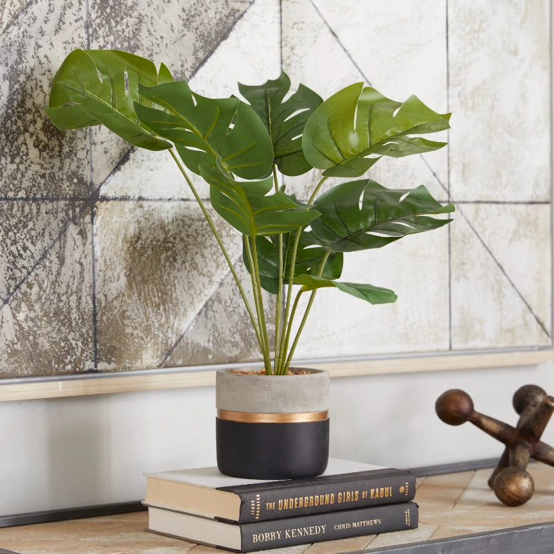

18" Monstera Artificial Plant with Color Block Pot, by Home Living Room Decoration Fake Plant Outdoor Garden Decor