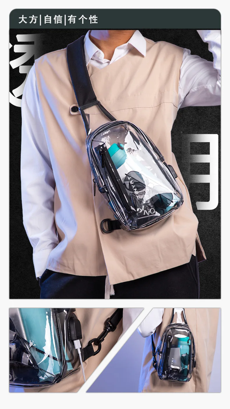 2022 new PVC chest bag transparent waterproof shoulder bag USB charging technology fashion trend crossbody bag
