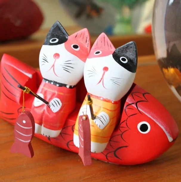 

Nordic Logs Bali Hand-carved Wooden Cat Fishing Cat Couples Home Crafts Furnishings Animal Ornaments Wholesale