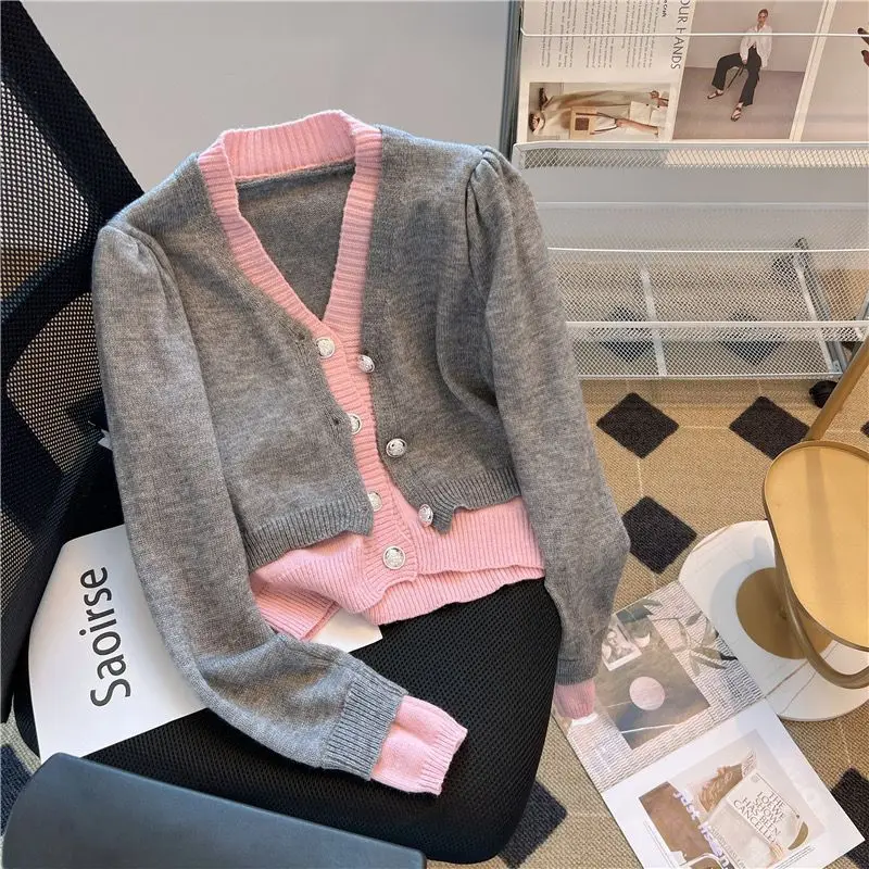 

2023 Women Spring Autumn New Contrast Color Knit Jackets Female V-neck Sweaters Outerwear Ladies Single-breasted Cardigan S452