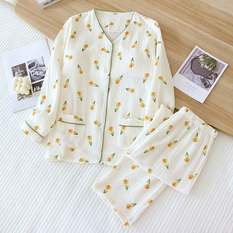 Pajamas for Women with Chest Pads Detachable Spring and Autumn V-neck Pure Cotton Sweet Suit Long-sleeved Home Two Pieces Set