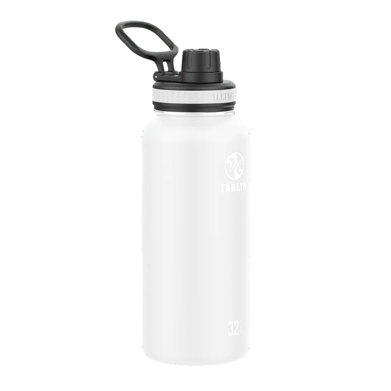 

Белая и Двухстенная вакуумная Изолированная бутылка для воды объемом 32 унции из нержавеющей стали с широким горлышком и откидной крышкой.