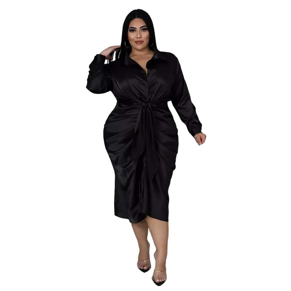 Dress Office Lady Midi Fashion Stain Women Long Sleeve Robe Large Sizes Curve Female Casual Pleated Female Shirt Dress Plus
