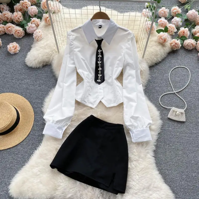 

Women Sexy Button Puff Long Sleeve Short Diamond Blouse Shirt High Waist Irregular Slit Mini Skirt Suits 2 Piece Set Vintage New